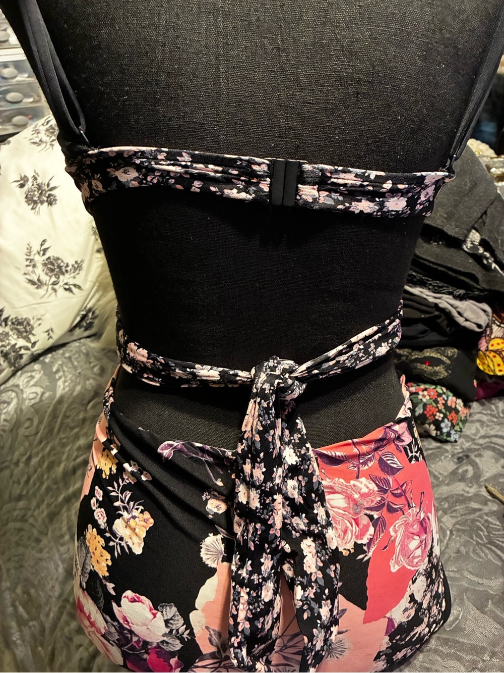 #390| (10)SeafollyFloral High-Waist Bikini Set in Black & Pink - Picture 3 of 8